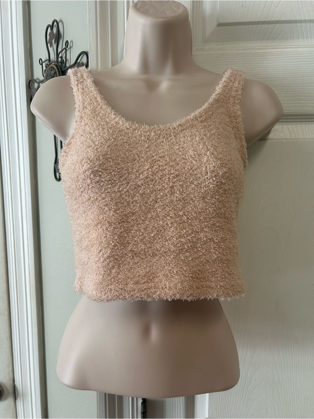 Fuzzy Knit Crop Tank Top in Light Beige Texutured Boho Festival